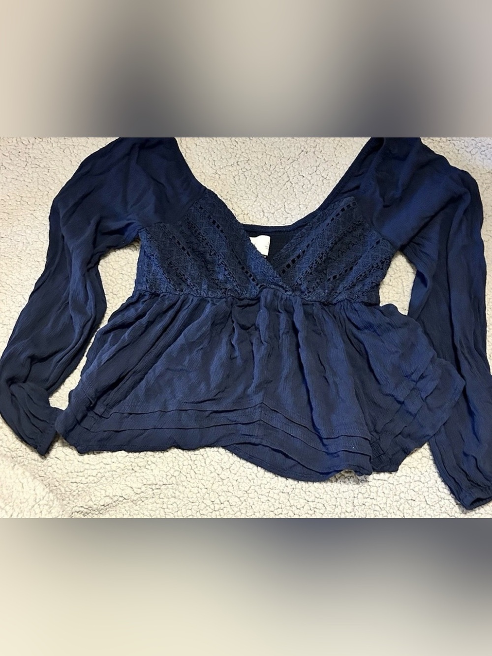 Hollister Navy Crochet-Front Peasant V-Neck Top Size Small